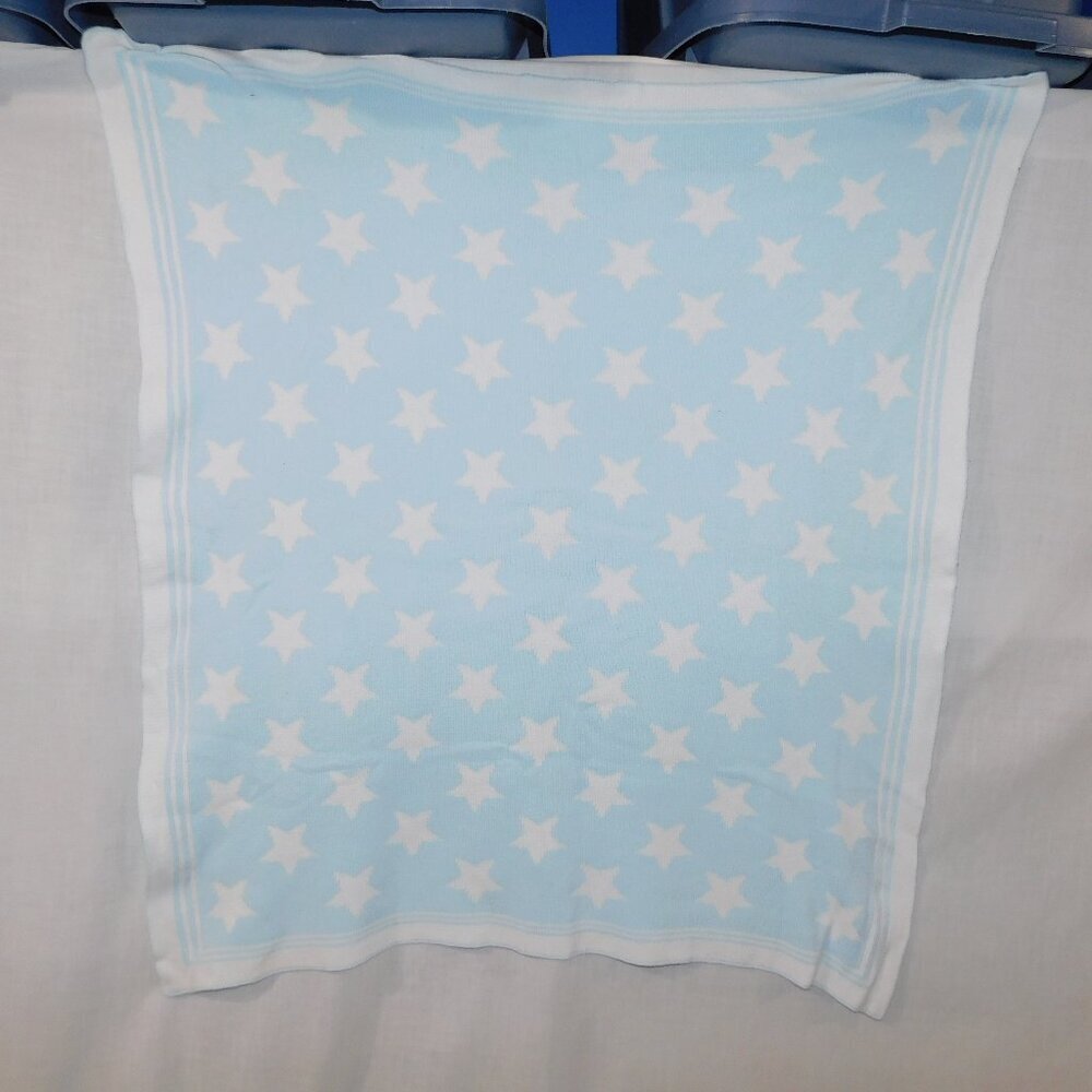 Blue white Knit Stars Baby Blanket Tots FIFTH AVENUE Reversible 30" x 36"